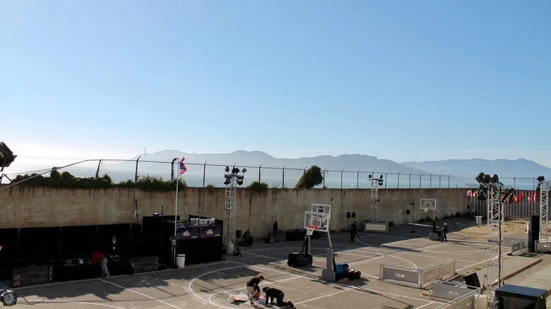 Prison yard with sports equipment