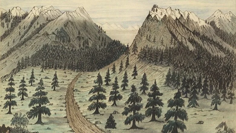 Illustration de monts et arbres au Cherokee Pass