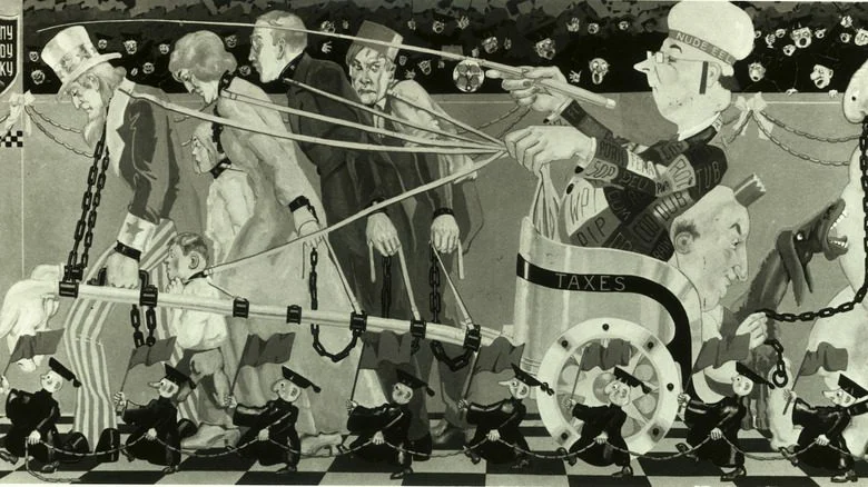 Caricature satirique critiquant les taxes du New Deal