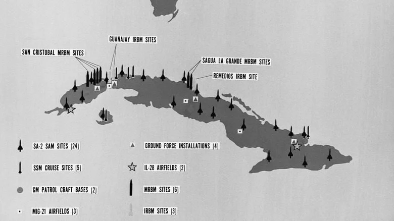 Carte de 1962 montrant les sites de missiles soviétiques à Cuba