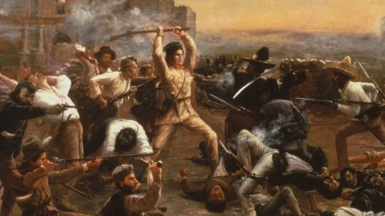 Crockett (au centre) brandit son fusil contre un soldat