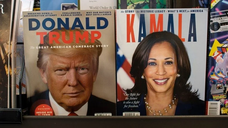 Trump and Harris magazine covers