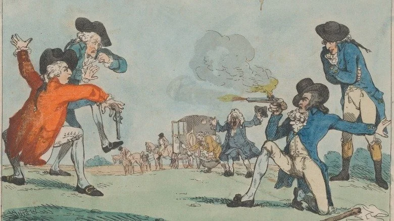 painting depicting men dueling