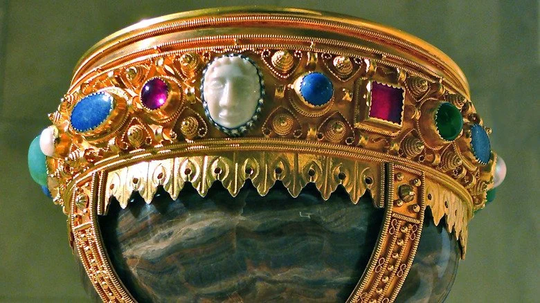 Detailed close-up of a bejeweled chalice