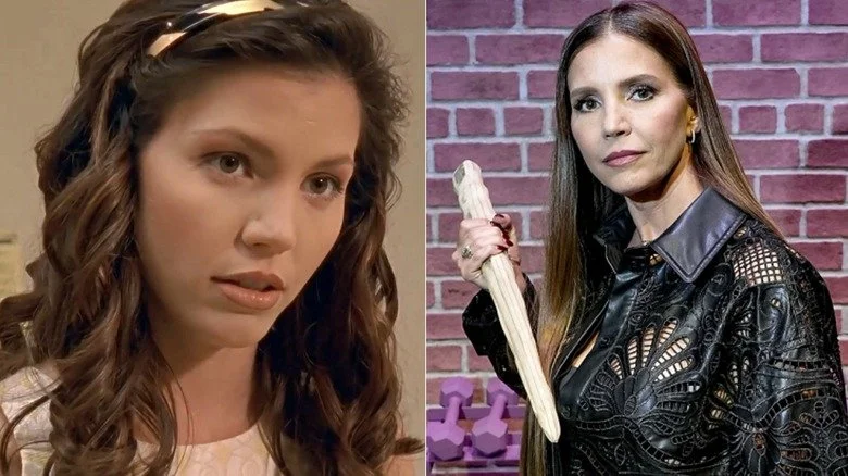 Cordelia Chase regardant vers l'avenir dans 'Buffy contre les vampires' et Charisma Carpenter tenant un pieu pour une photo promo