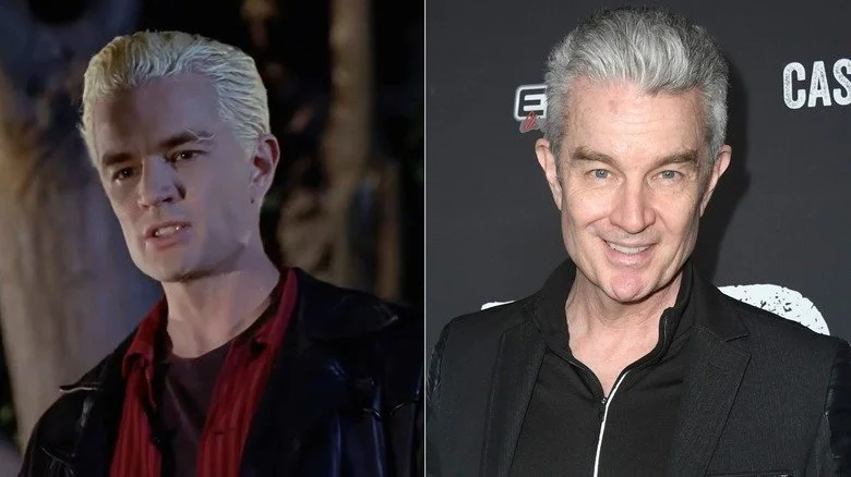 Spike grimacing in 'Buffy the Vampire Slayer' and James Marsters smiling on the red carpet