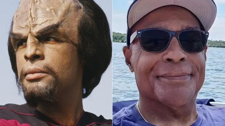 Michael Dorn en tant que Worf dans Star Trek et sans maquillage avec des lunettes de soleil