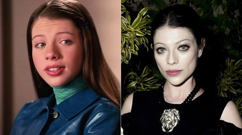 Dawn Summers talking in 'Buffy the Vampire Slayer' and Michelle Trachtenberg wearing a lion pendent and posing for a photo