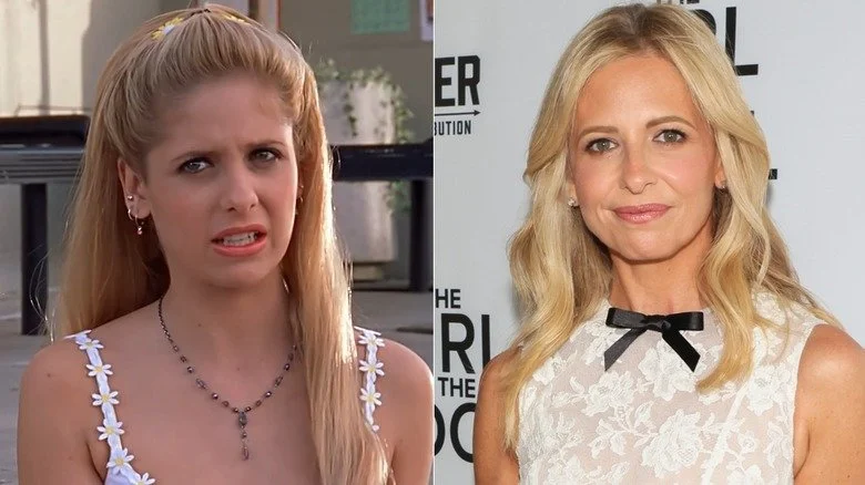 Buffy Summers pulling a face in 'Buffy the Vampire Slayer' and Sarah Michelle Gellar smiling on the red carpet
