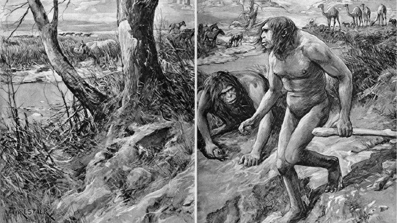 Un homme préhistorique marche le long d'un ruisseau