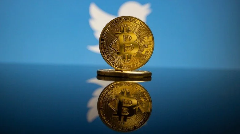 Bitcoins devant le logo de l'oiseau bleu Twitter