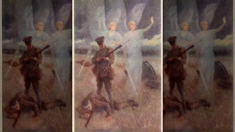 Une carte postale représentant le célèbre mythe de l'intervention divine par des anges sur le champ de bataille à Mons, Belgique