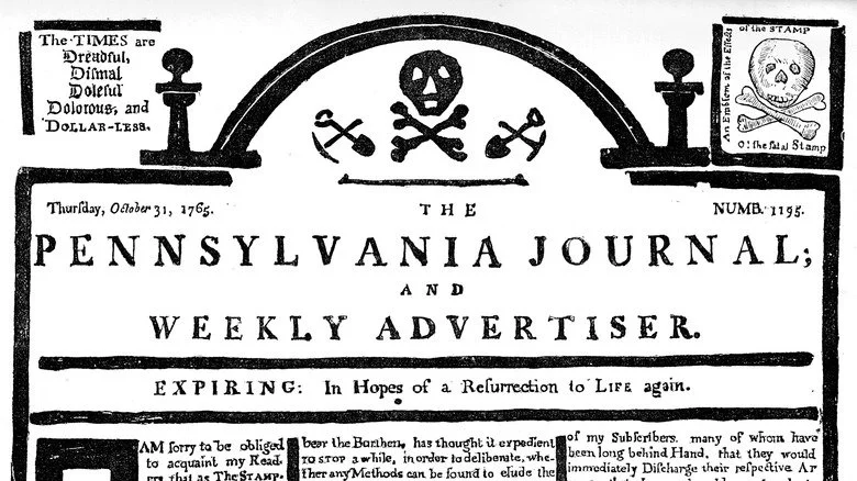Fac-similé du Pennsylvania Journal sur la Loi sur le Timbre, 1765
