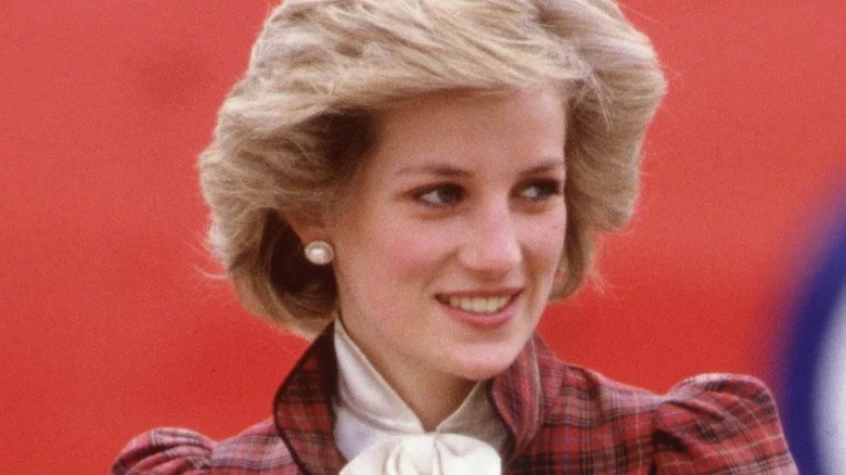 Princess Diana in front of airplane flying