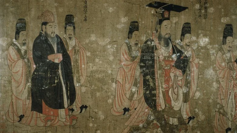 Peinture de l’Empereur Yang et de l’Empereur Wen marchant avec des serviteurs