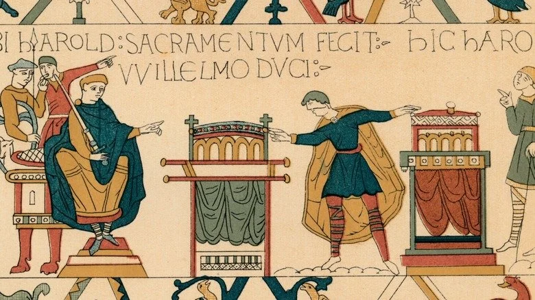 Harold II prête allégeance à Guillaume le Conquérant dans une représentation de la Tapisserie de Bayeux