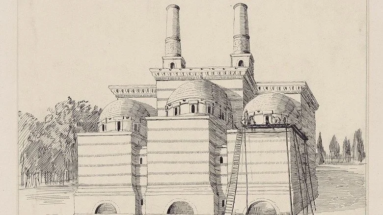 Dessin d'un crématorium avec deux tours et trois dômes