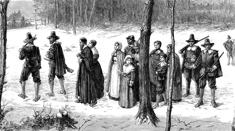 Pèlerins en route vers l'église en 1620 dans le Nouveau Monde