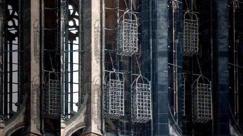 Trois cages suspendues à l'église St. Lambert à Münster