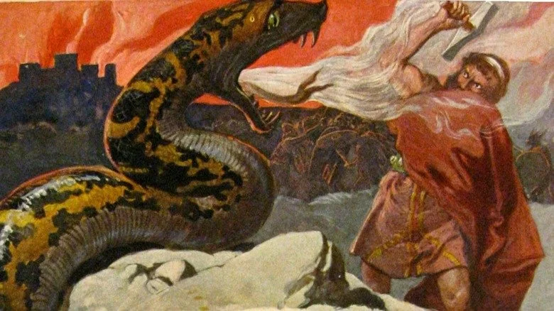Thor lutte contre le Serpent de Midgard au Ragnarök