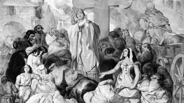 lithographie de personnes priant pour le salut pendant la peste