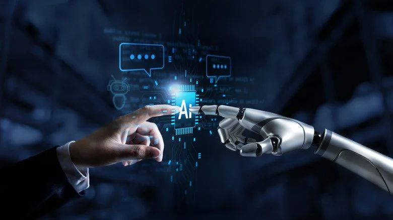 Human finger touching a robot finger with AI in the center