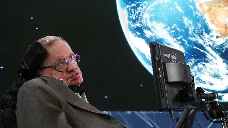 Stephen Hawking with planet Earth as a backdrop