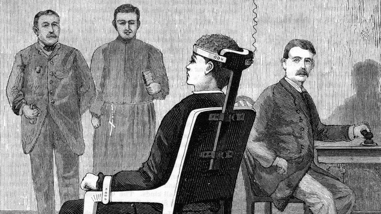 Dessin d'un homme dans la chaise électrique, 1890