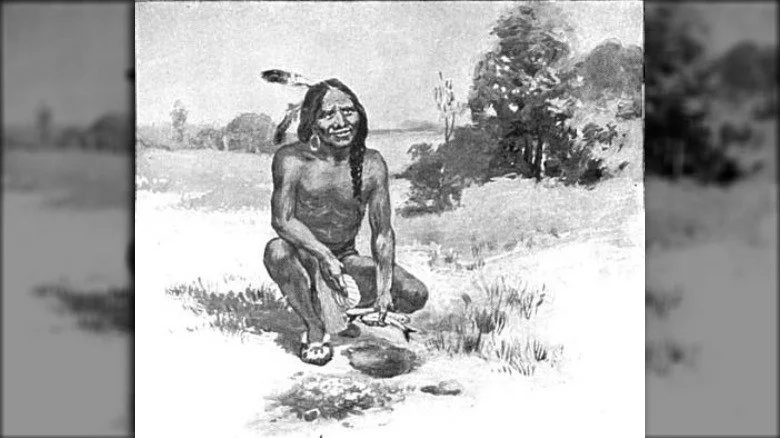 Squanto ou Tisquantum enseignant aux colons de Plymouth comment planter du maïs avec du poisson, illustration de 1911