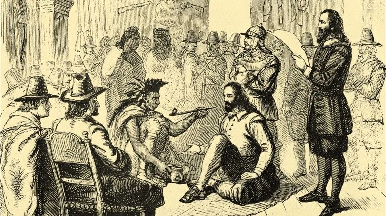 Massasoit et gouverneur John Carver fumant la pipe de la paix