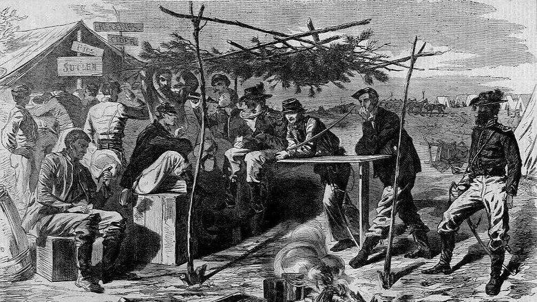 Thanksgiving in Camp, une gravure à bois réalisée par Winslow Homer et publiée dans Harper's Weekly, le 29 novembre 1862.