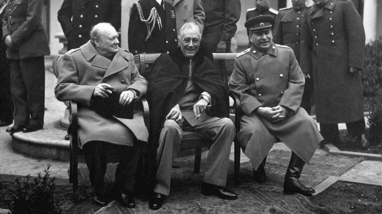 Churchill, FDR, and Stalin sitting for photo at Yalta conference