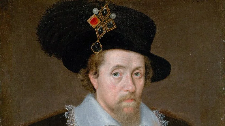 Portrait de James VI et I avec le bijou 'Mirroir de Grande-Bretagne' dans son chapeau.