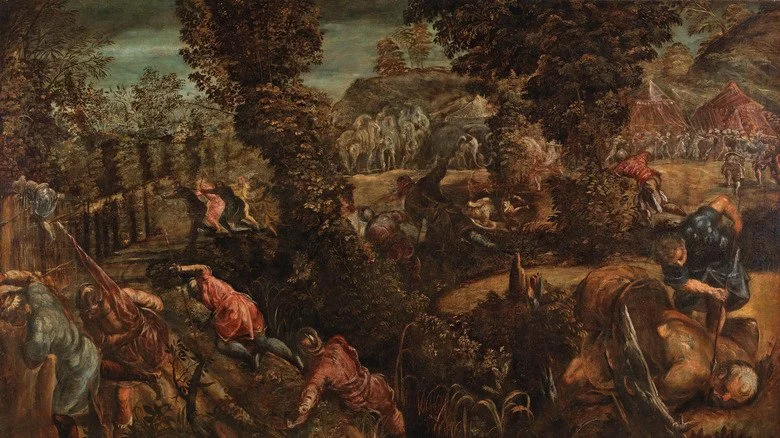 Peinture de bataille entre Israélites et Philistins