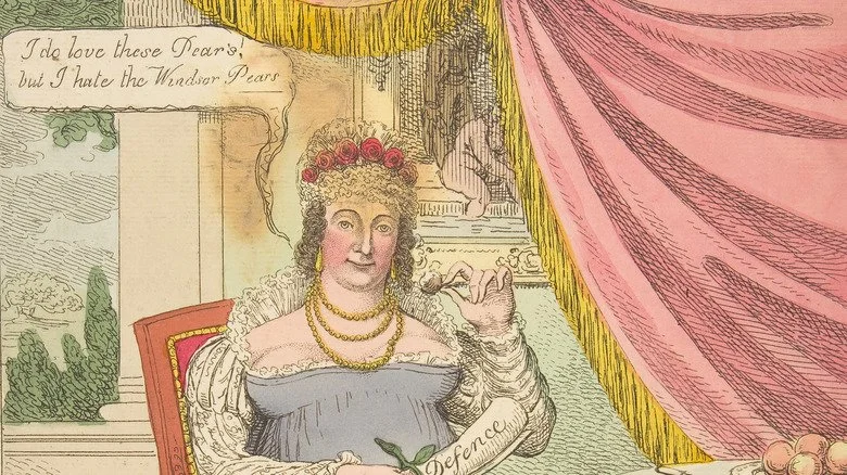 Caricature de Caroline de Brunswick, souriante et tenant une petite poire
