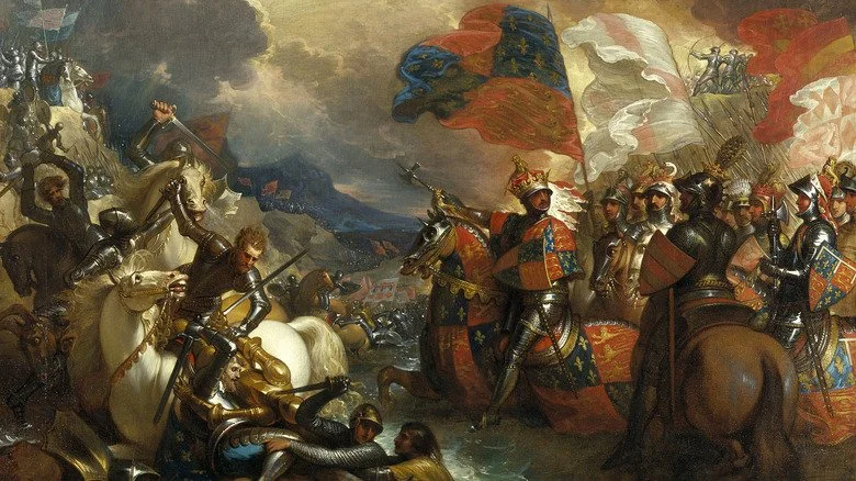peinture d'Édouard III en bataille sur un cheval avec des drapeaux