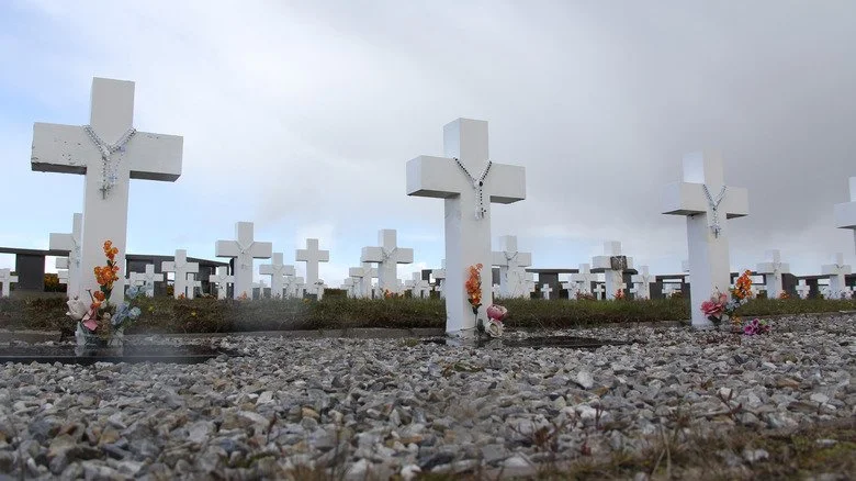 White crosses along a shoreline