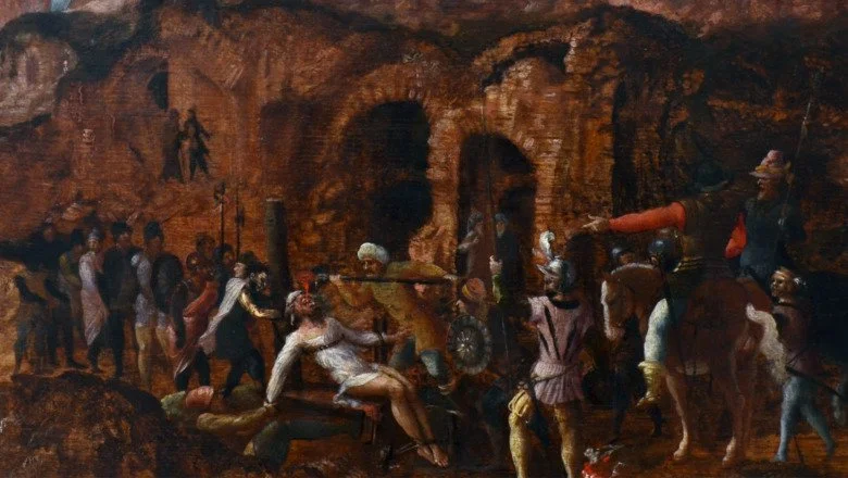 Peinture d'or en fusion versé dans la gorge d'un Romain