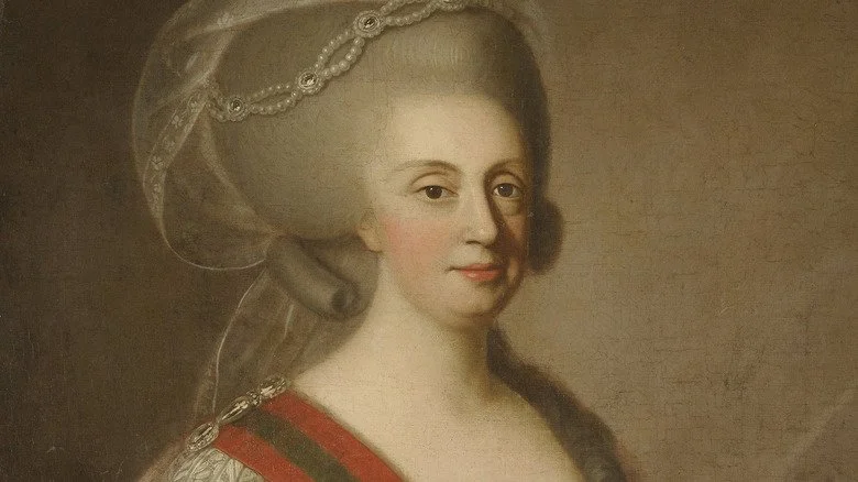 Portrait de la reine Maria I du Portugal avec de grands cheveux ornés de perles