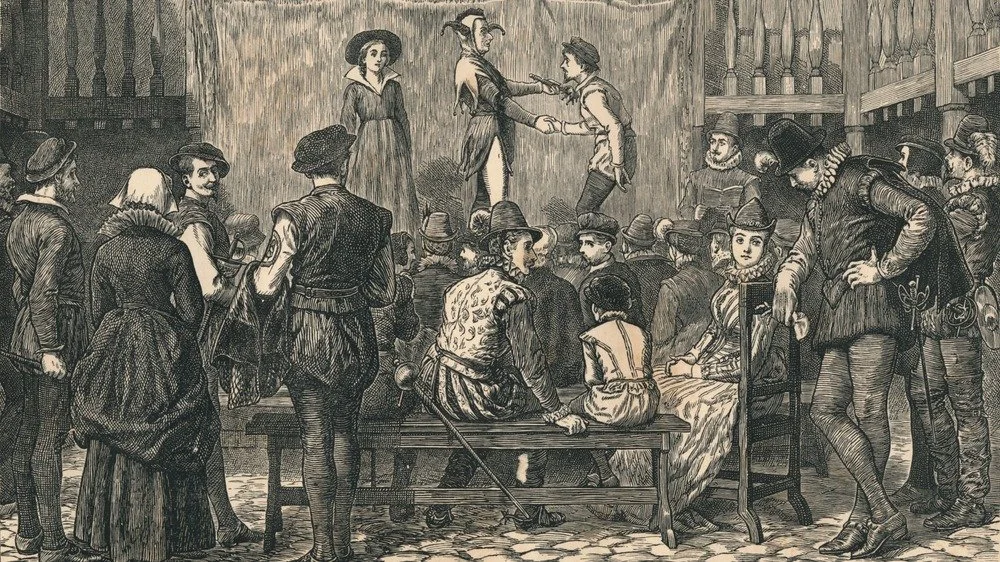 Théâtre élisabéthain avec des comédiens sur scène