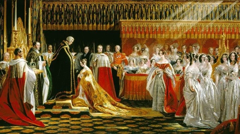 peinture de la Reine Victoria recevant le sacrement lors de son couronnement, 28 juin 1838