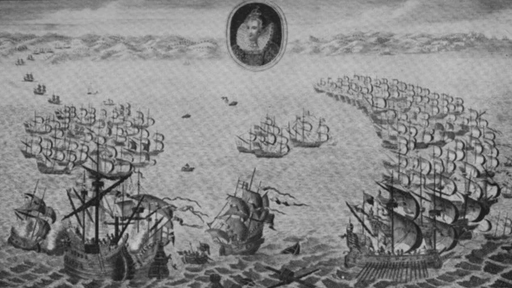 Dessin en noir et blanc de l'Armada espagnole en mer ouverte