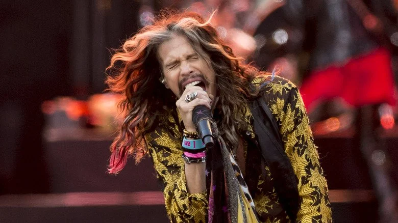 Steven Tyler chantant au micro lors d'un concert d'Aerosmith