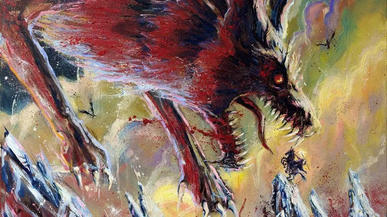 Peinture moderne représentant Fenris et Odin combattant lors du Ragnarök