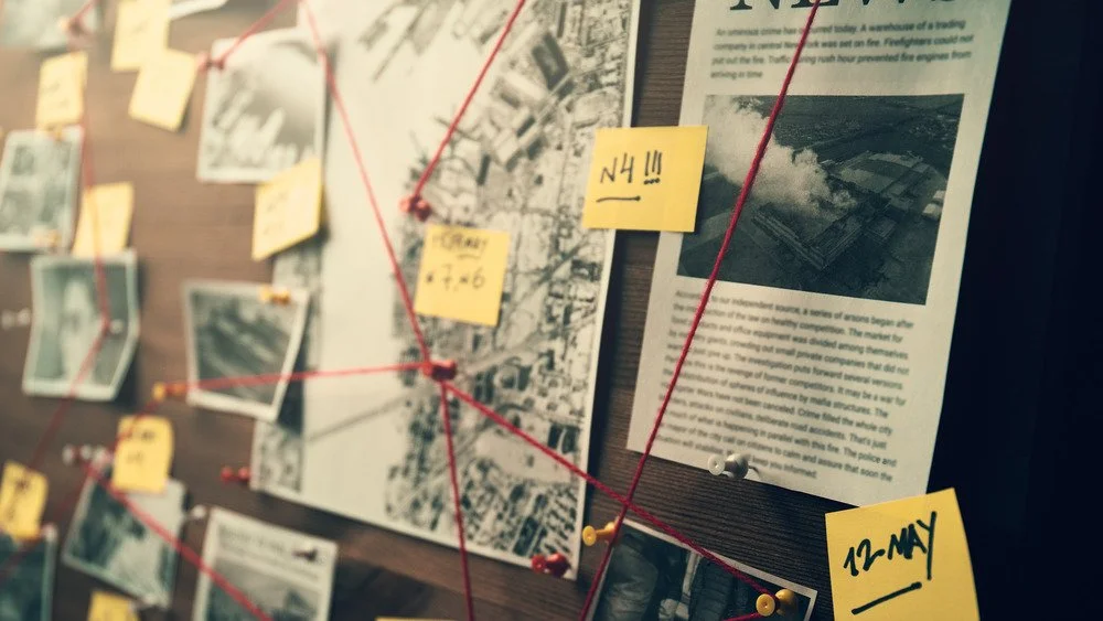 Tableau d'investigation avec photos, post-it et fils