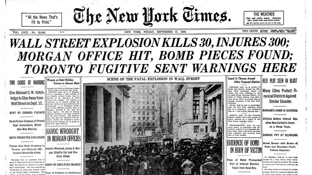 Une une du New York Times sur l'attentat de Wall Street en 1920