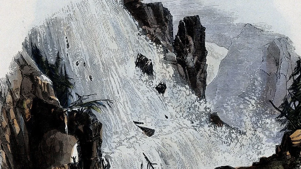 Gravure sur bois colorée montrant une avalanche