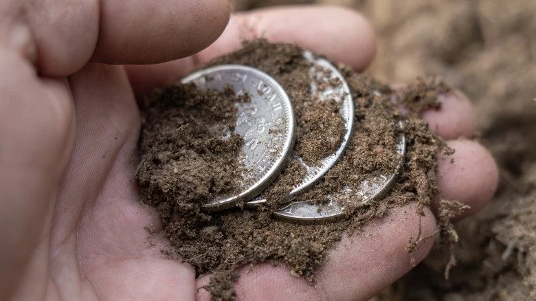 Pièces de monnaie dans la terre dans une main