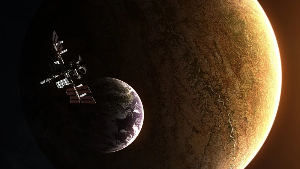 Exoplanète avec lune et station spatiale