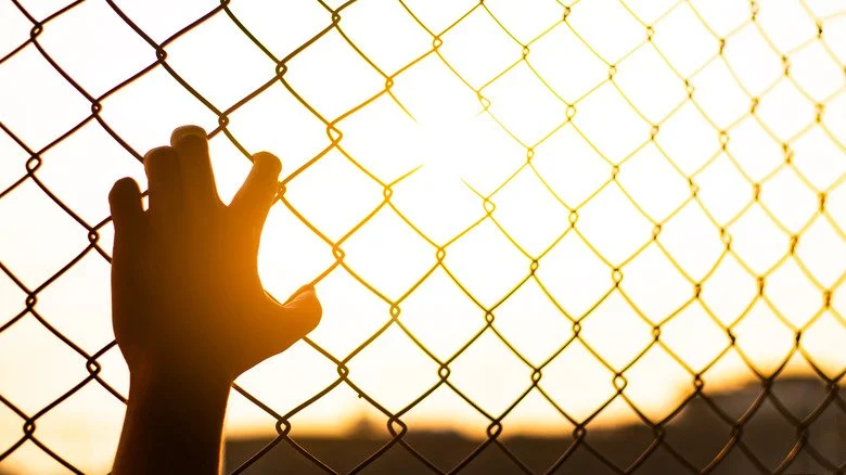 Silhouette of a hand holding fence grating against a bright, hazy sunrise